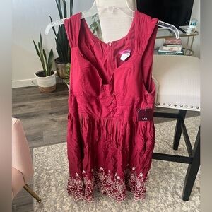 NWT IXIA (Anthropologie) Embroidered Sleeveless Lined Boho Dress, Burgundy, 1X